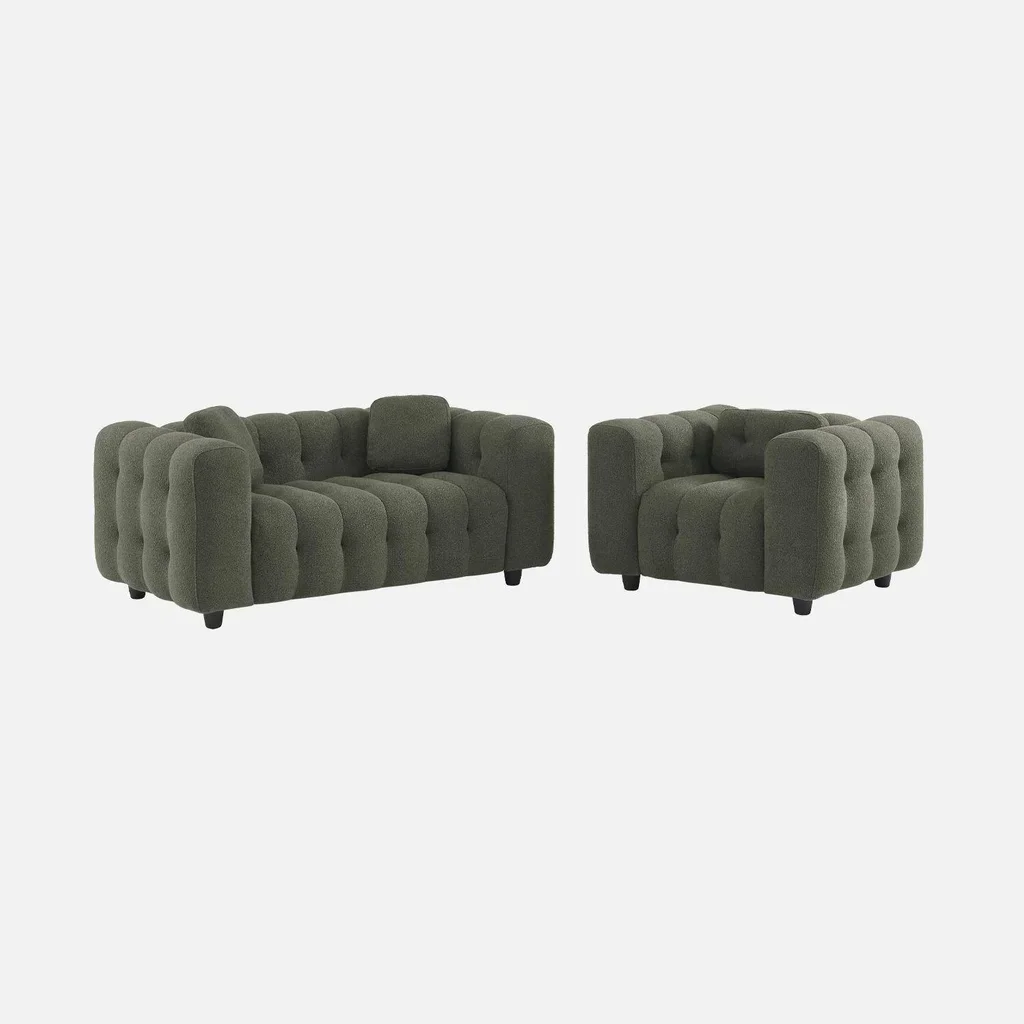 Fauteuil capitonné bouclette texturée beige design contemporain salon confort
