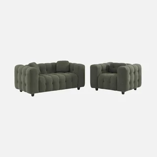 Fauteuil capitonné bouclette texturée beige design contemporain salon confort