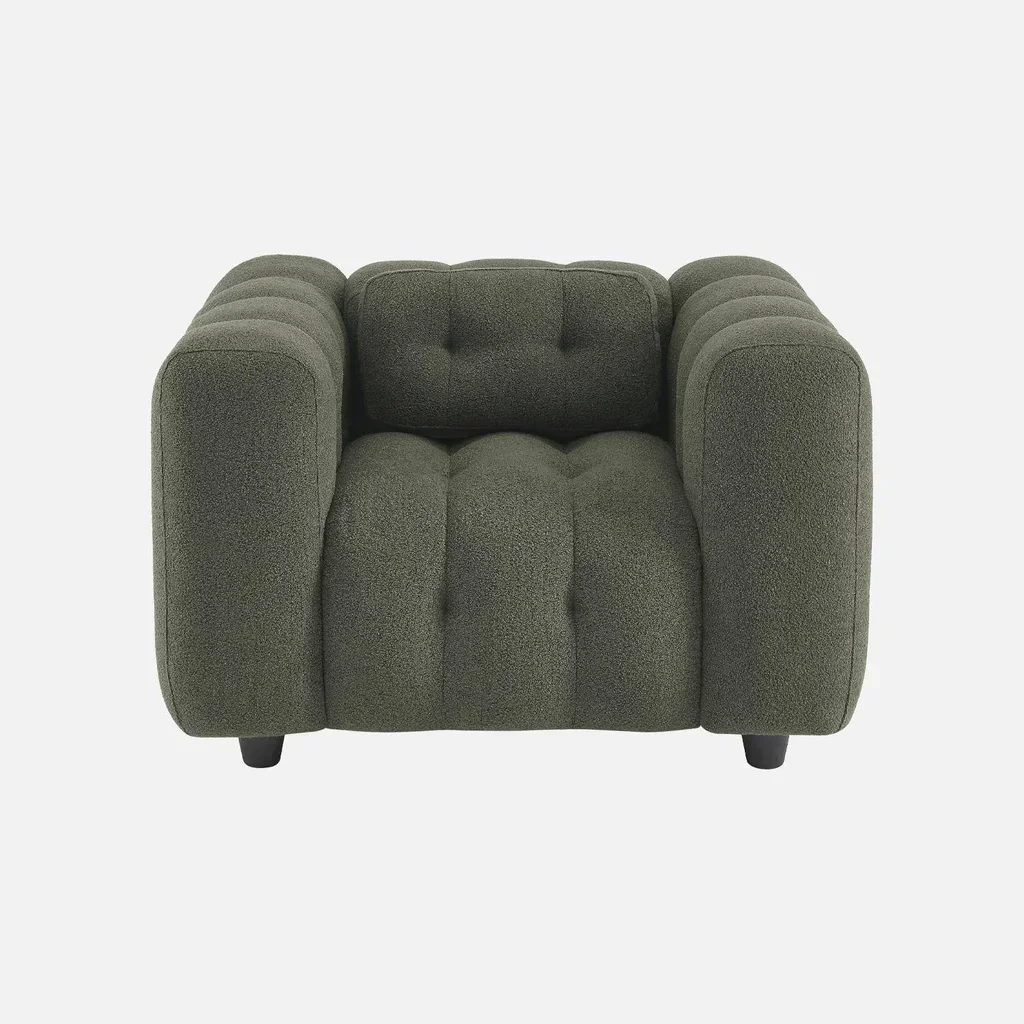 Fauteuil capitonné bouclette texturée beige design contemporain salon confort