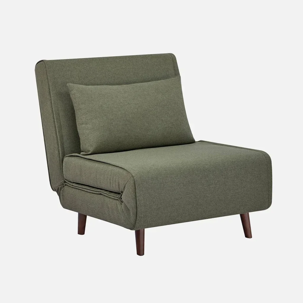 Fauteuil chauffeuse convertible tissu beige piétement bois 1 place