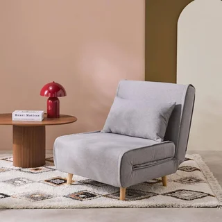 Fauteuil chauffeuse convertible tissu beige piétement bois 1 place