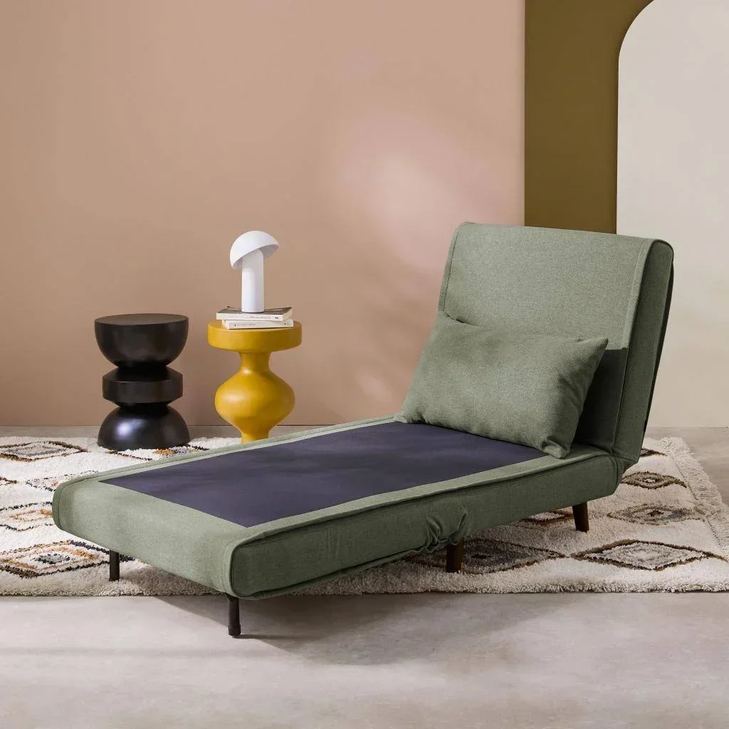 Fauteuil chauffeuse convertible tissu beige piétement bois 1 place