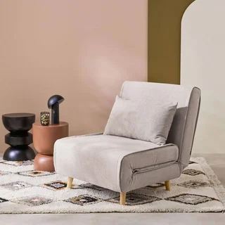 Fauteuil chauffeuse convertible tissu beige pieds bois 1 place