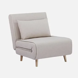 Fauteuil chauffeuse convertible tissu beige pieds bois 1 place