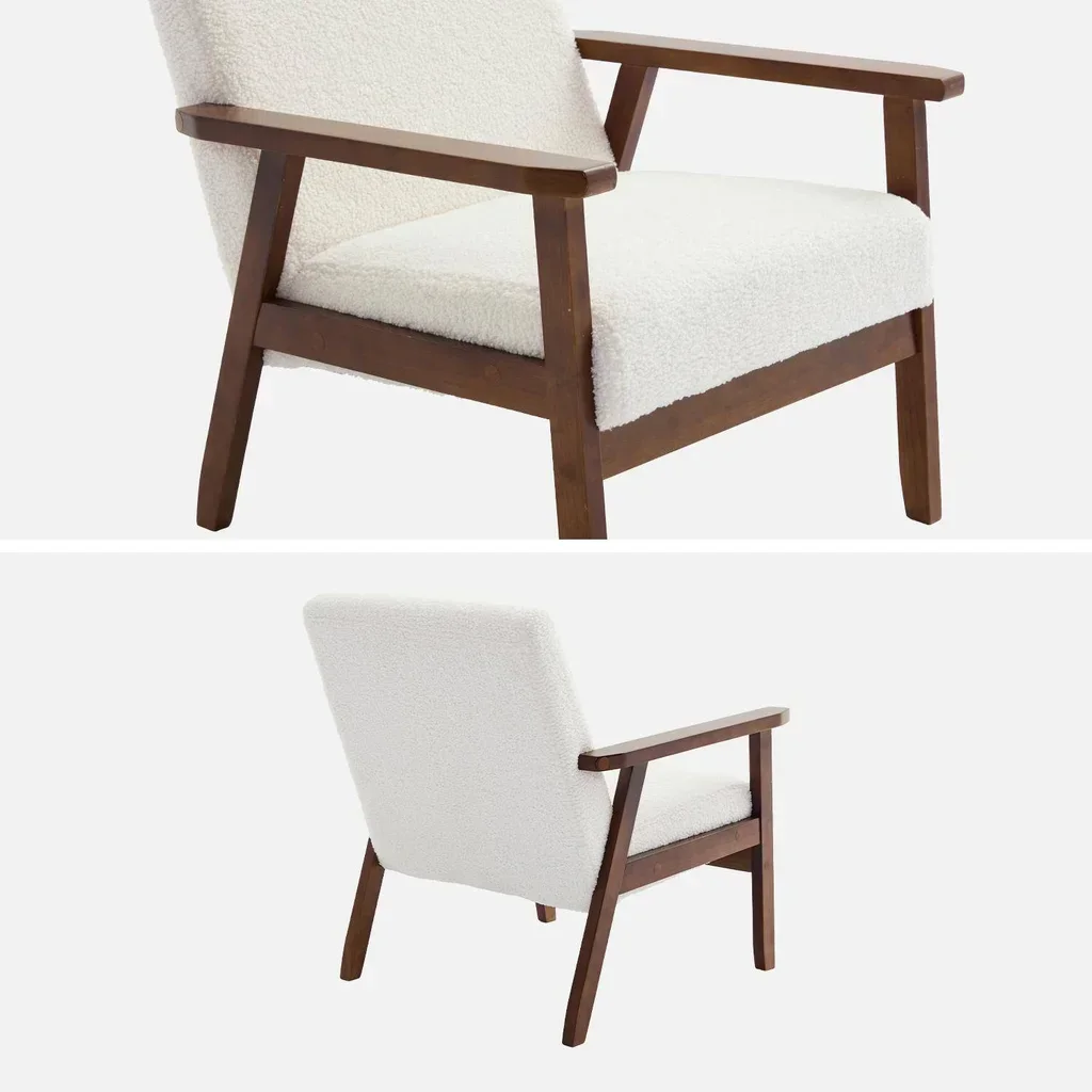 Fauteuil design nordique Isak bois hévéa noyer clair bouclette crème
