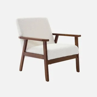 Fauteuil design nordique Isak bois hévéa noyer clair bouclette crème