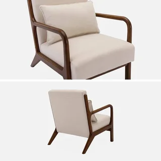 Poltrona escandinava Lorens bege madeira de seringueira nogueira design nórdico conforto