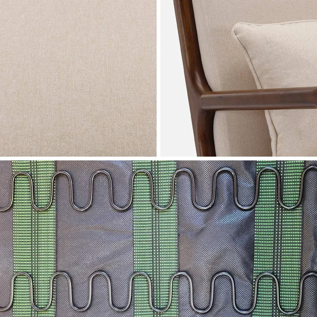 Poltrona escandinava Lorens bege madeira de seringueira nogueira design nórdico conforto