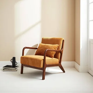 Fauteuil design nordique Lorens velours côtelé ocre bois hévéa noyer clair