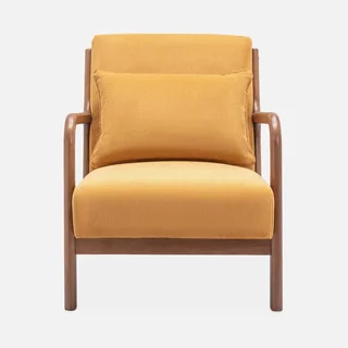Fauteuil design nordique Lorens velours côtelé ocre bois hévéa noyer clair