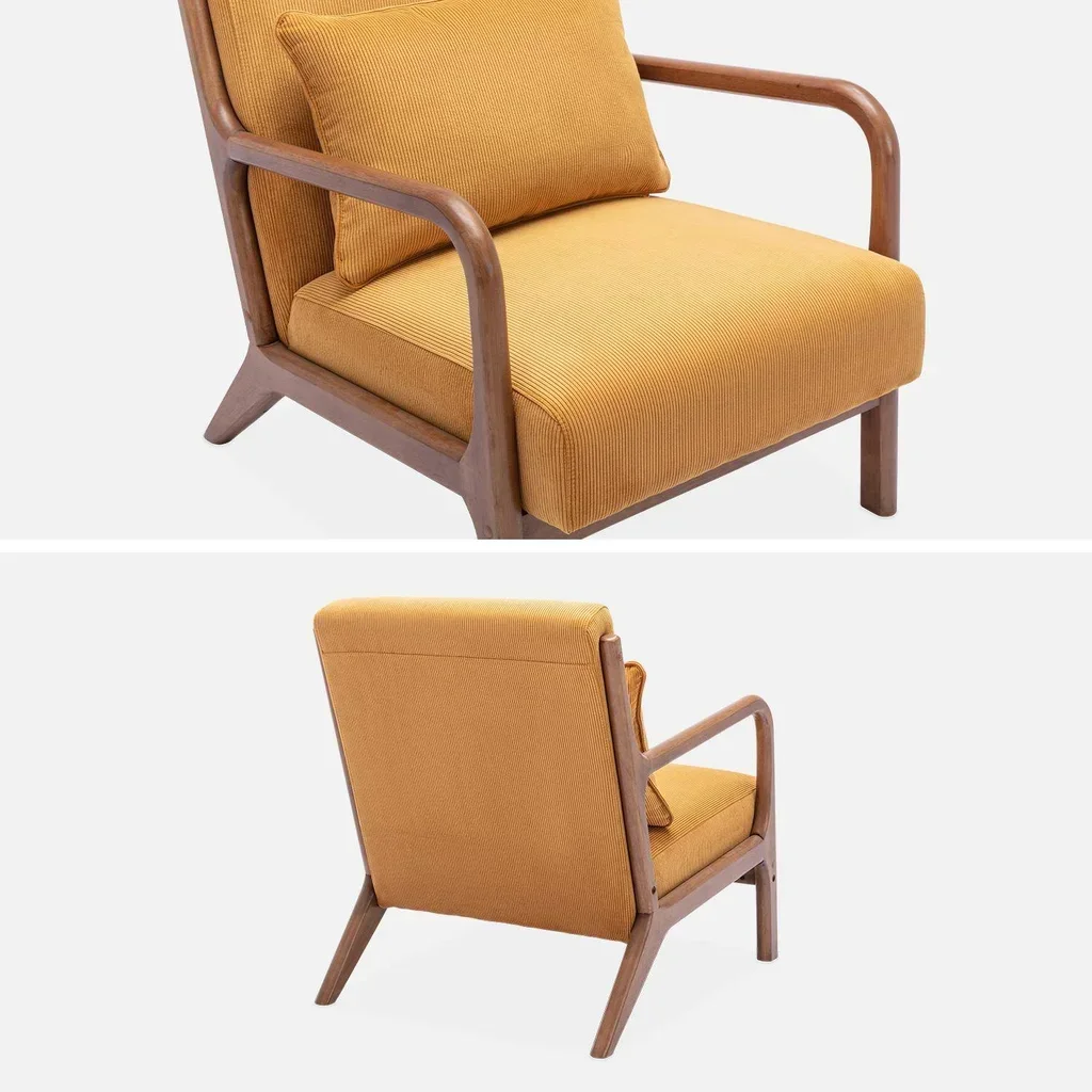 Fauteuil design nordique Lorens velours côtelé ocre bois hévéa noyer clair