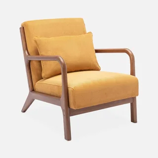 Fauteuil design nordique Lorens velours côtelé ocre bois hévéa noyer clair