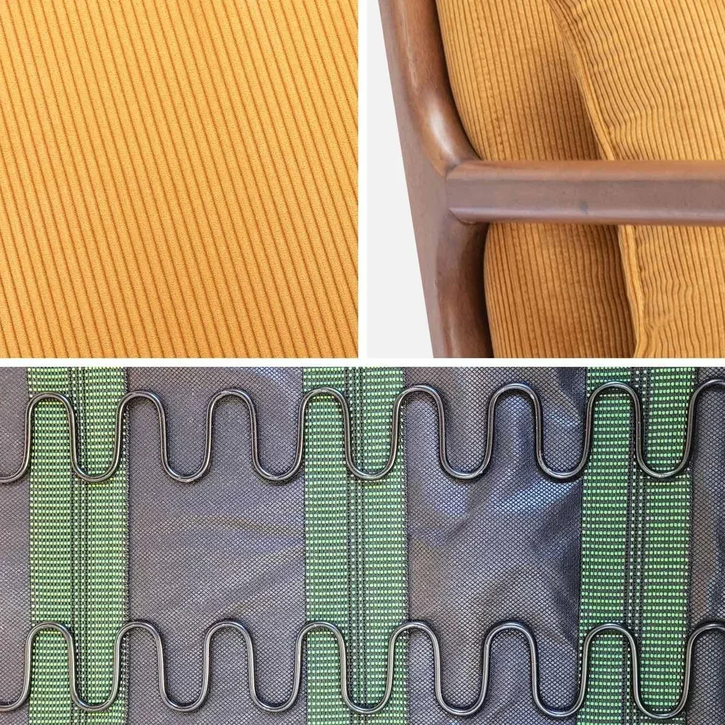 Fauteuil design nordique Lorens velours côtelé ocre bois hévéa noyer clair