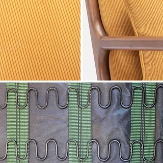 Fauteuil design nordique Lorens velours côtelé ocre bois hévéa noyer clair