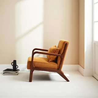 Fauteuil design nordique Lorens velours côtelé ocre bois hévéa noyer clair