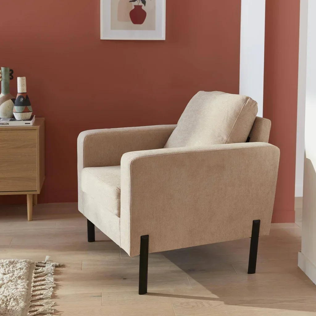 Fauteuil Bjorn velours côtelé gris pieds métal design contemporain salon