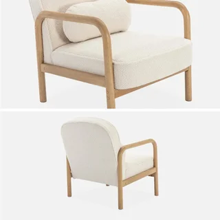 Fauteuil scandinave arrondi bois hévéa bouclette crème Amelie