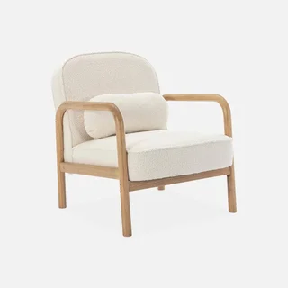 Fauteuil scandinave arrondi bois hévéa bouclette crème Amelie