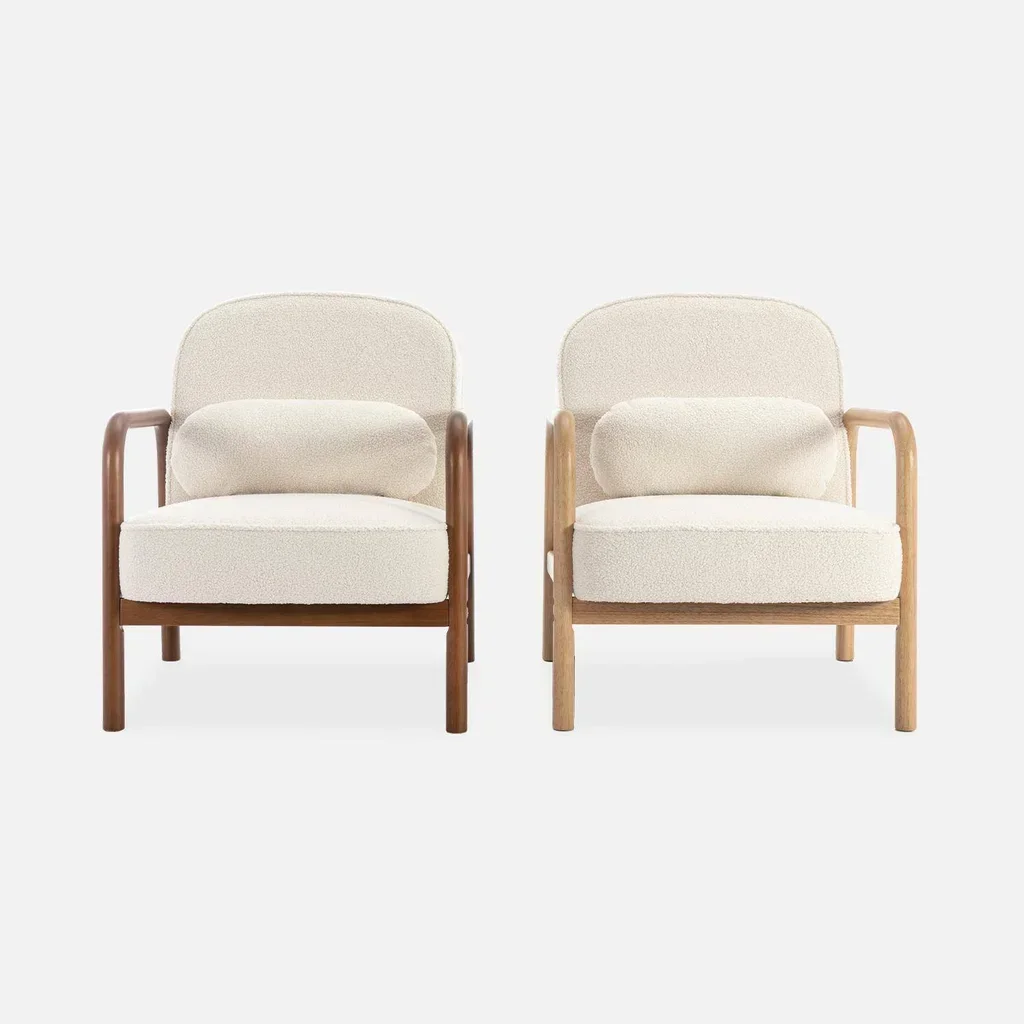 Fauteuil scandinave arrondi bois hévéa bouclette crème Amelie