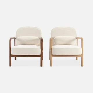 Fauteuil scandinave arrondi bois hévéa bouclette crème Amelie