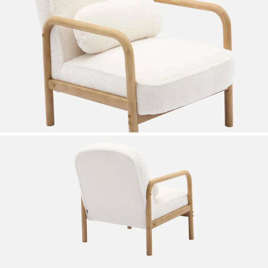 Poltrona escandinava madeira hevea pele sintética creme design arredondado conforto