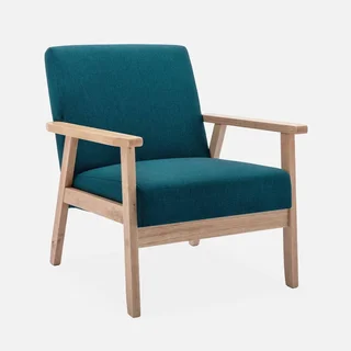 Fauteuil scandinave vintage bois clair tissu bleu émeraude confort