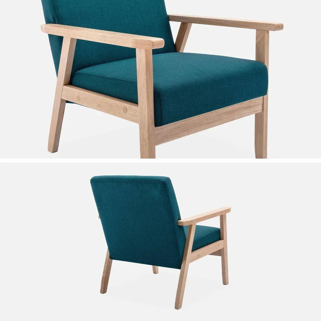 Fauteuil scandinave vintage bois clair tissu bleu émeraude confort
