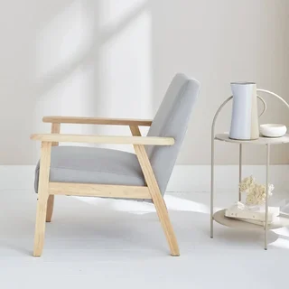 Fauteuil scandinave vintage bois clair tissu bleu émeraude confort