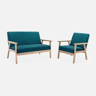 Fauteuil scandinave vintage bois clair tissu bleu émeraude confort
