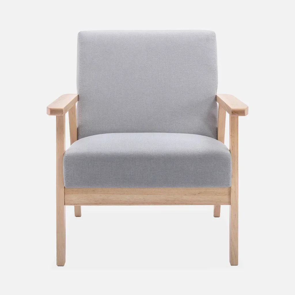 Fauteuil scandinave vintage bois clair tissu bleu émeraude confort