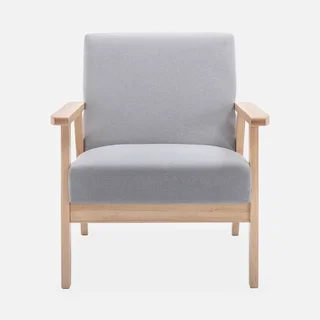 Fauteuil scandinave vintage bois clair tissu bleu émeraude confort