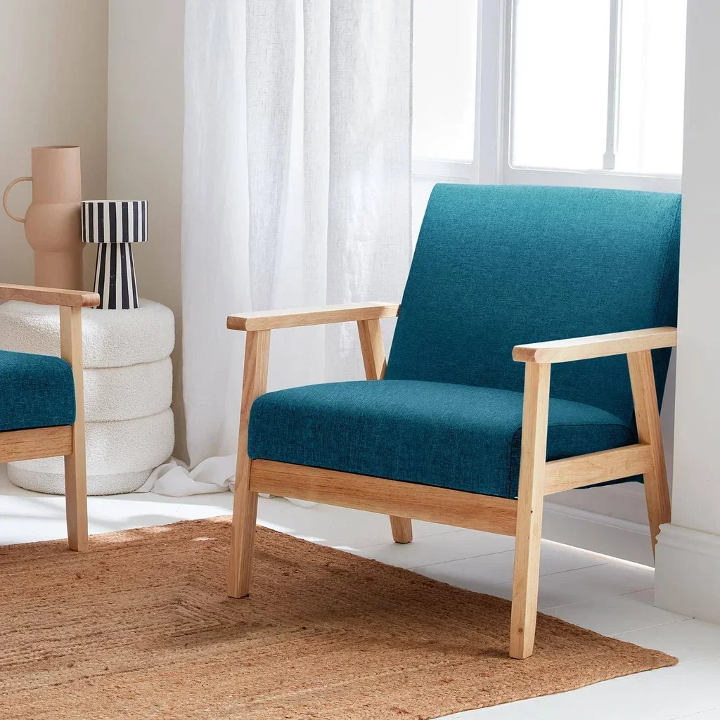 Fauteuil scandinave vintage bois clair tissu bleu émeraude confort