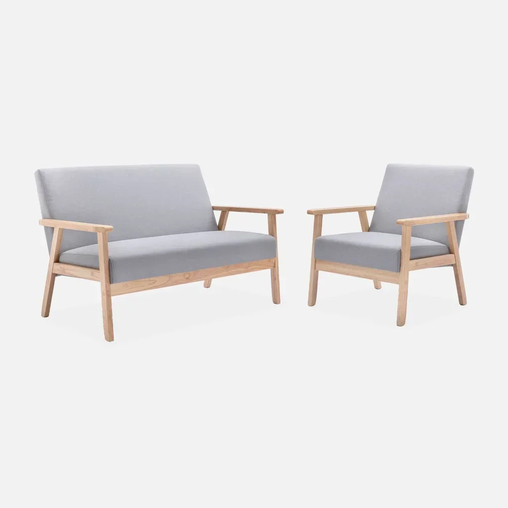 Fauteuil scandinave vintage bois clair tissu bleu émeraude confort