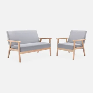 Fauteuil scandinave vintage bois clair tissu bleu émeraude confort