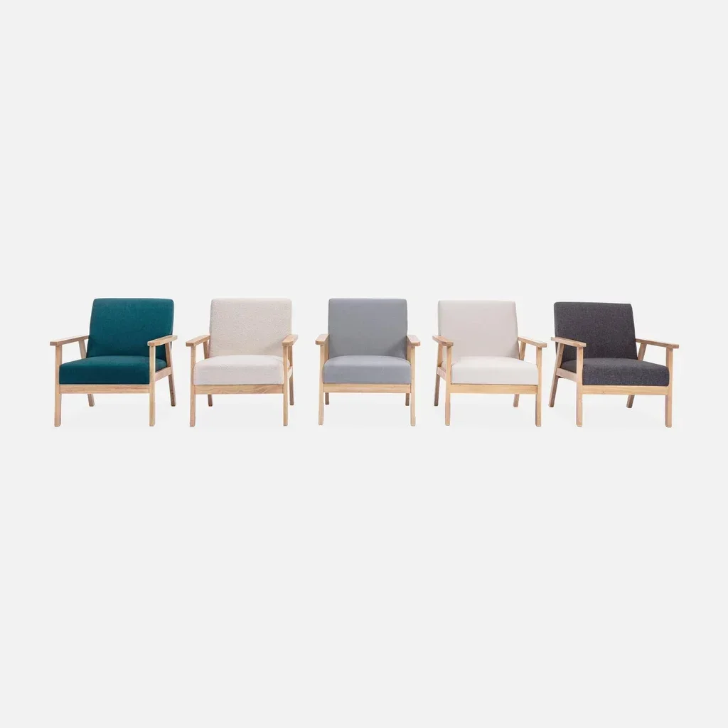 Fauteuil scandinave vintage bleu émeraude pieds compas bois clair