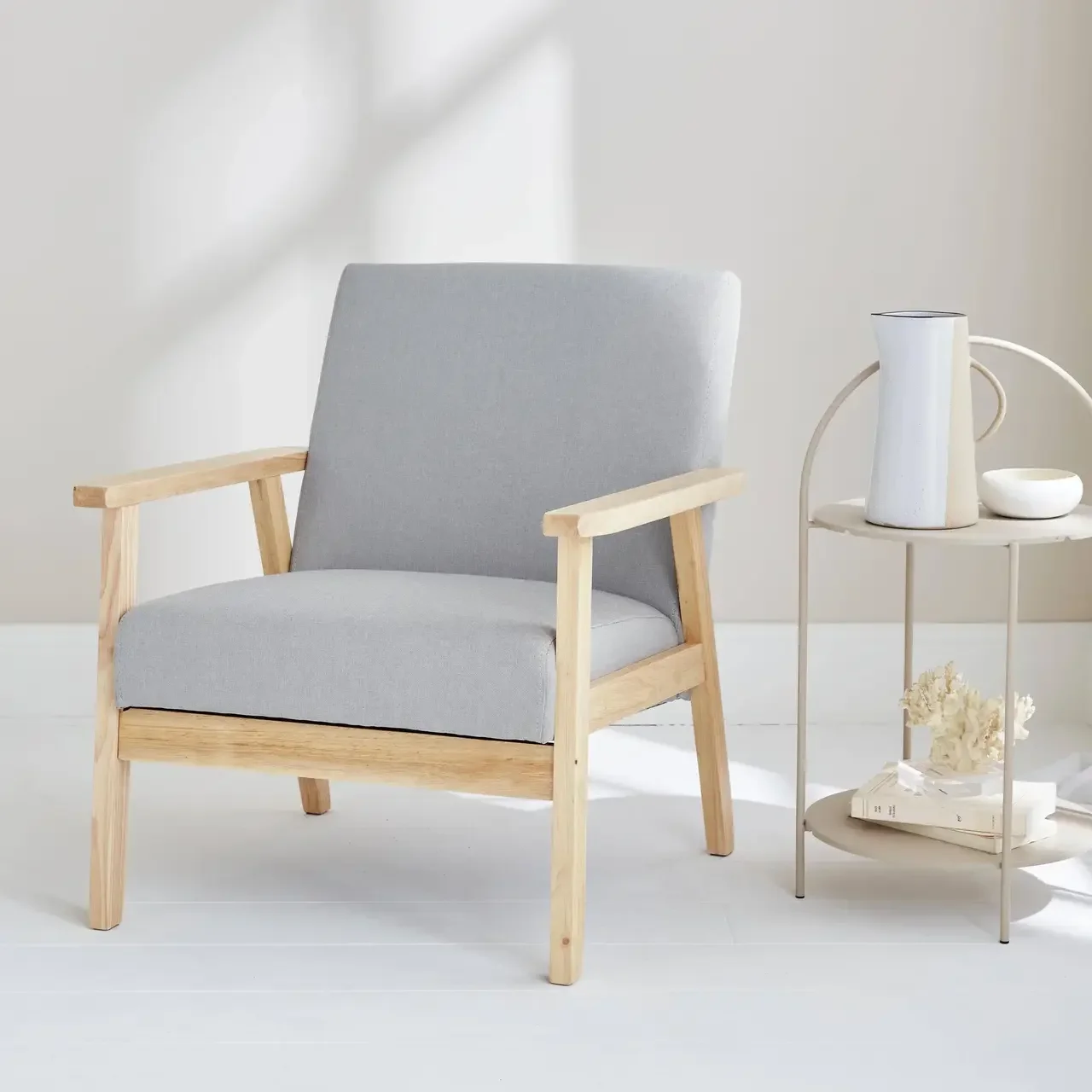 Fauteuil scandinave vintage bois clair tissu bleu émeraude confort
