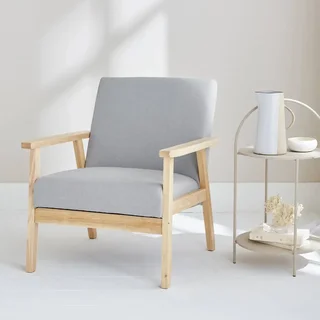 Fauteuil scandinave vintage bois clair tissu bleu émeraude confort