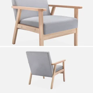 Fauteuil scandinave vintage bois clair tissu bleu émeraude confort