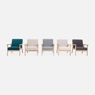 Fauteuil scandinave vintage bois clair tissu bleu émeraude confort