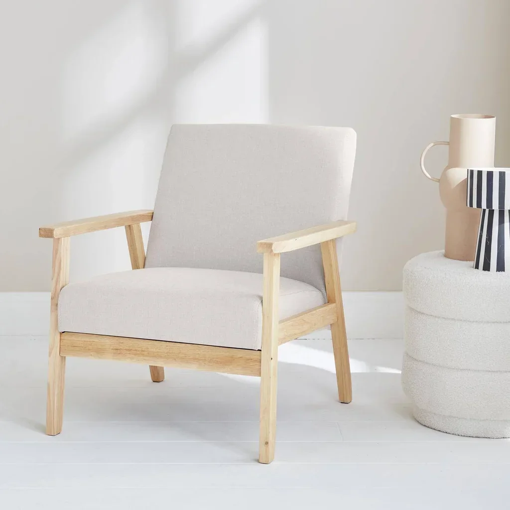 Fauteuil scandinave vintage bleu émeraude pieds compas bois clair