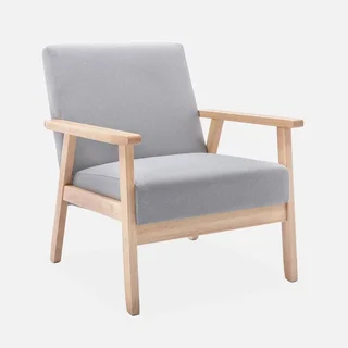 Fauteuil scandinave vintage bois clair tissu bleu émeraude confort