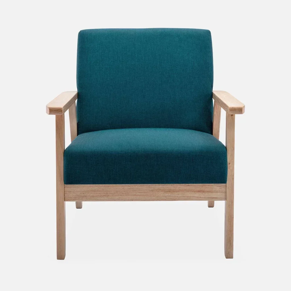 Fauteuil scandinave vintage bois clair tissu bleu émeraude confort