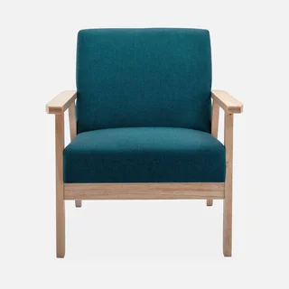 Fauteuil scandinave vintage bois clair tissu bleu émeraude confort