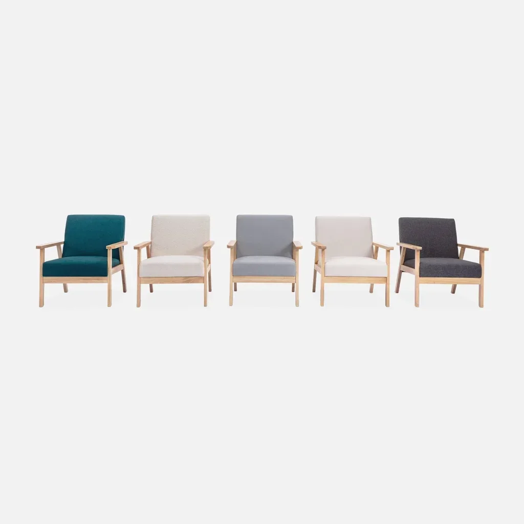 Fauteuil scandinave vintage bleu émeraude bois clair confort