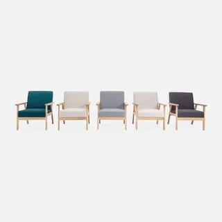 Fauteuil scandinave vintage bleu émeraude bois clair confort