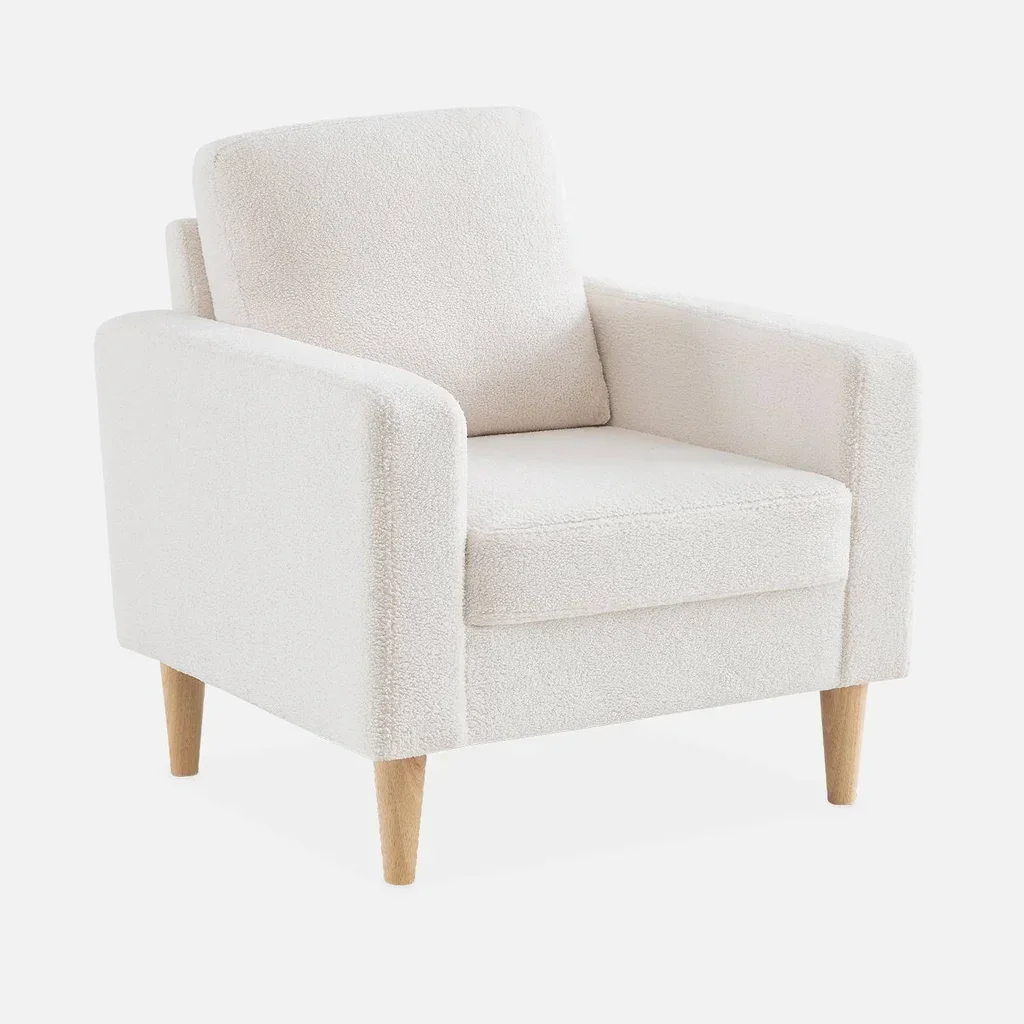 Fauteuil scandinave Bjorn bois eucalyptus tissu bouclette cocooning