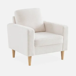 Fauteuil scandinave Bjorn bois eucalyptus tissu bouclette cocooning