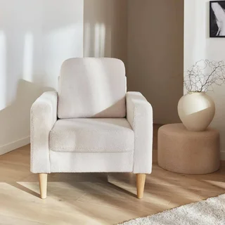 Fauteuil scandinave Bjorn bois eucalyptus tissu bouclette cocooning