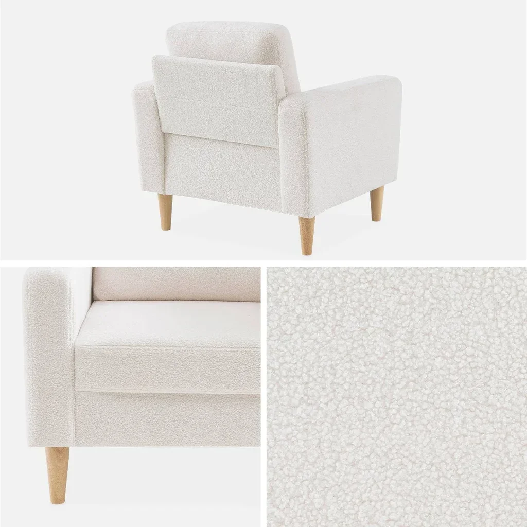 Fauteuil scandinave Bjorn bois eucalyptus tissu bouclette cocooning