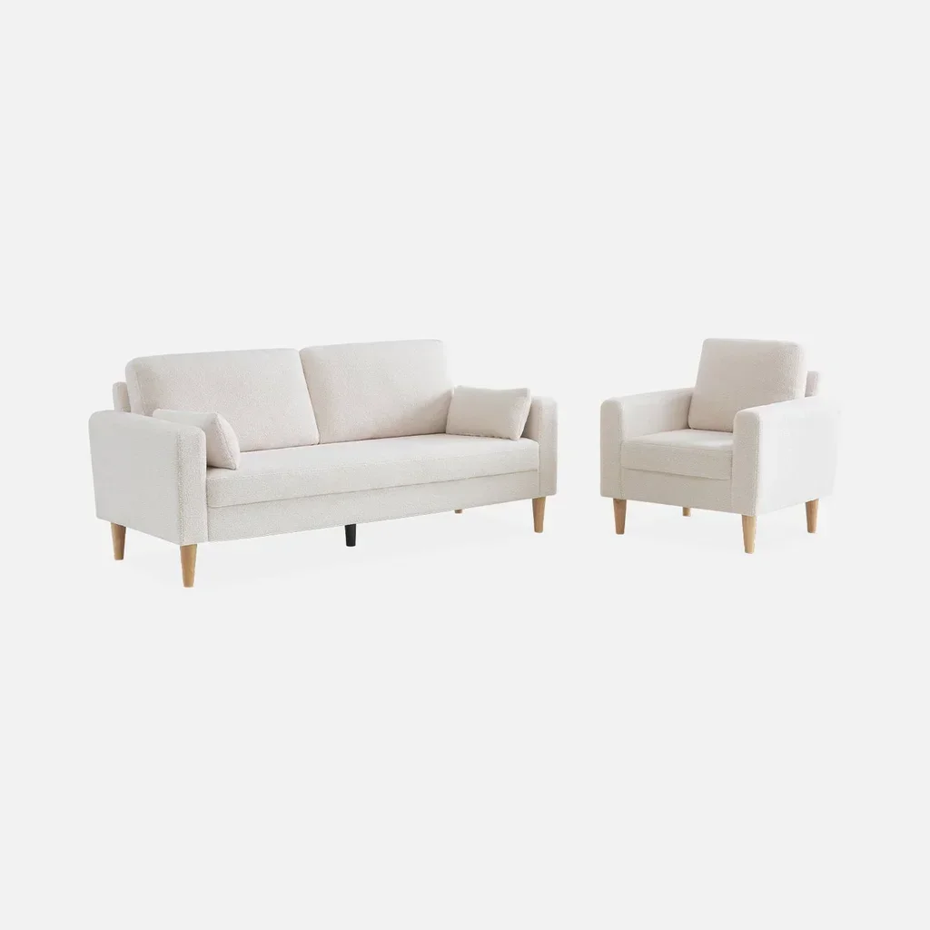 Fauteuil scandinave Bjorn bois eucalyptus tissu bouclette cocooning